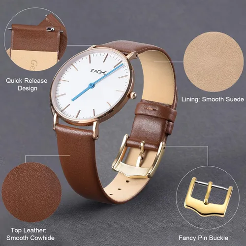 Miniatura 4 de EACHE Correas de reloj de cuero de liberación rápida para hombres y mujeres, correas de reloj de cuero fino para mujer, 0.472 in, 0.551 in, 0.630