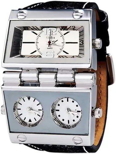 ShoppeWatch Reloj para hombre de gran tamaño de cara grande tres zonas horarias Multi Dial Banda de cuero OM-165, Varios colores, Movimiento de