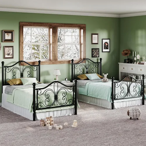 Miniatura 5 de Allewie Marco de cama de tamaño individual para niños, marco de cama de metal con cabecero y piecero de diseño de patrón de mariposa, no necesita
