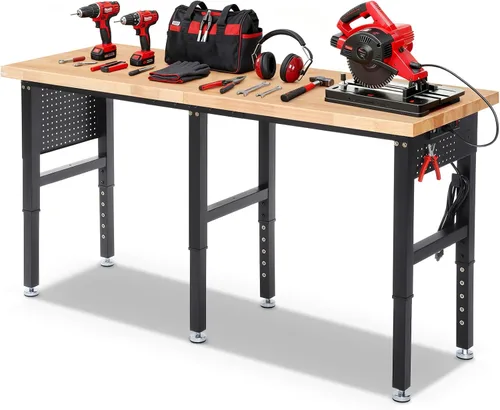 Miniatura 9 de ENJOYWOOD Mesa de trabajo para garaje de 60 pulgadas Banco de trabajo con almacenamiento Altura ajustable Tablero de madera de goma Banco de trabajo