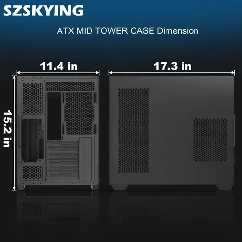 Miniatura 13 de SZSKYING Funda para PC ATX Mid-Tower Gaming con 9 ventiladores ARGB con control remoto, vidrio templado, radiador de 14.173 in, tipo C, negro.