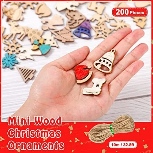 Miniatura 2 de 200 piezas de mini adornos de madera sin terminar, Halloween, Navidad, bricolaje, mini recortes de madera en blanco con caja de almacenamiento