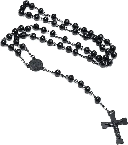 VNOX Collar unisex de acero inoxidable largo con cuentas de rosario de Jesús, cruz católica, crucifijo católico, 36 pulgadas, Edelstahl, Piedra de