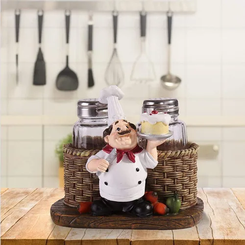 Miniatura 8 de Juego de saleros y pimenteros, estatua decorativa de chef sentado, organizador de especias, tarros de especias de vidrio con soporte, figura