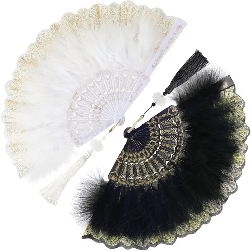 Miniatura 8 de Namalu - Abanico de plumas bordado, 2 piezas, diseño de marabú de los años 20, plegable, drag queen para mujeres de los años 20, disfraz de fiesta