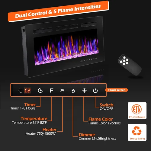 Miniatura 2 de BETELNUT Chimenea eléctrica de 30 pulgadas montada en la pared y empotrada con control remoto, calentador de chimenea de pared ultrafino