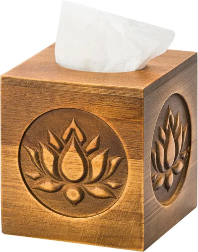Ukwell Cubierta cuadrada de madera tallada para caja de pañuelos marrón envejecida con patrón de loto en relieve, decoración rústica vintage para el