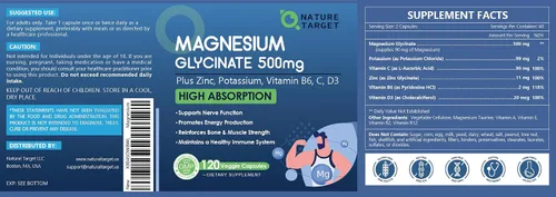 Miniatura 8 de NATURE TARGET Glicinato de Magnesio 500mg, Magnesio Quelado con Zinc y Vitamina D3 para Músculos, Nervios y Huesos, Apoya la Salud del Corazón