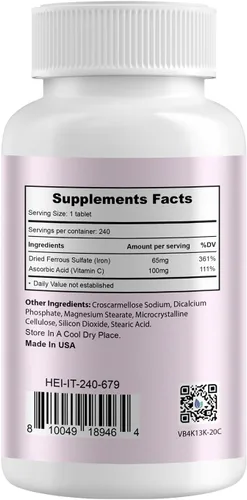 Miniatura 2 de Heivy Suplemento de hierro sulfato ferroso de 325 mg con vitamina C, 240 tabletas veganas (suministro para 8 meses) – 65 mg de hierro elemental