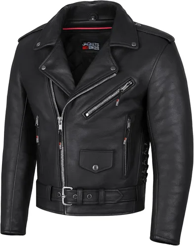 ICONIC Chaqueta de motocicleta para hombre, cuero de búfalo premium, forro aislante, cordones laterales clásicos, chaqueta de motociclista tipo Negro