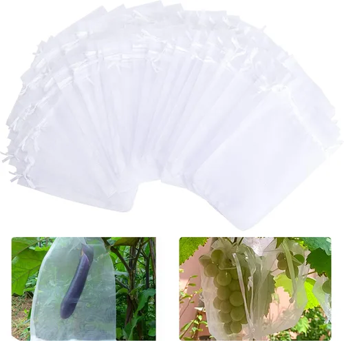 Miniatura 7 de 100 bolsas de malla de frutas de organza de 6 x 8 pulgadas, bolsas de protección de frutas con cordón, bolsa de barrera de red para plantas de Blanco