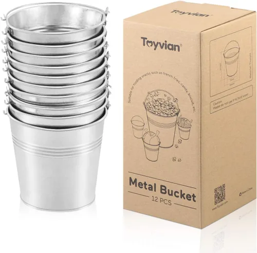 Miniatura 7 de Toyvian Mini cubos de metal con asas, 12 macetas de hojalata plateadas de 4 pulgadas para el aula, bolsas de regalo pequeñas, bolsas de regalo