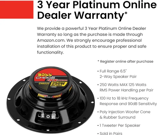 Miniatura 3 de BOSS Audio Systems CH6520 - Altavoces de coche de 6.5 pulgadas, 250 vatios máximo, 2 vías, audio de gama completa, tweeter de 1 pulgada, coaxial, se