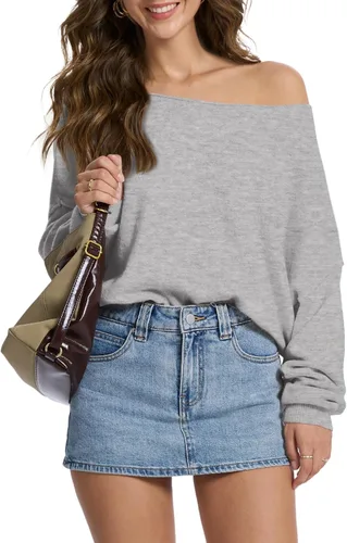 Miniatura 9 de FAlABLE - Suéter para mujer con hombros descubiertos y cuello barco, pullover holgado de manga larga, acogedor de punto, para otoño e invierno, tops