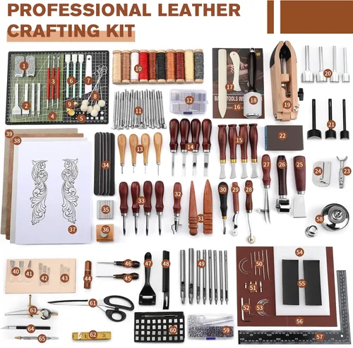 Miniatura 2 de BUTUZE Kit de trabajo de cuero, kit de herramientas de cuero en caja, kit de herramientas de artesanía de cuero, corte, perforación, tallado, kit