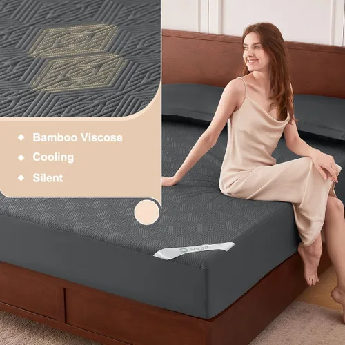 Miniatura 5 de Protector de colchón negro jacquard 100% impermeable tamaño individual, silencioso, antideslizante, transpirable, rayón de bambú, acolchado, sábana