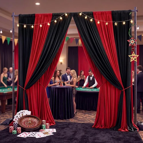Miniatura 6 de HunnmingRe 6 piezas de decoración de fondo de casino de 2.5 x 10 pies, cortina de fondo de noche de casino negro y rojo para decoración