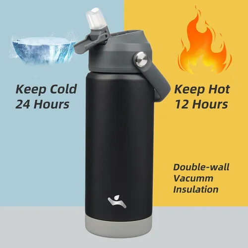 Miniatura 3 de Konokyo Botella de agua aislada con tapa de pajilla, botella de metal al vacío de acero inoxidable de 18 onzas con mango de silicona, color negro