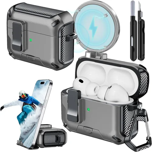 Miniatura 27 de Funda para AirPods Pro 2 (2023/2022/2019) con soporte para teléfono, (con interruptor a presión automático), diseño de fibra de carbono, cubierta