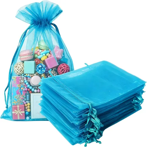 Miniatura 19 de Bolsas de regalo de organza de 4 x 6 pulgadas con cordón para joyas, dulces, paquetes de 50 bolsas de té de tela transparente azul aguamarina