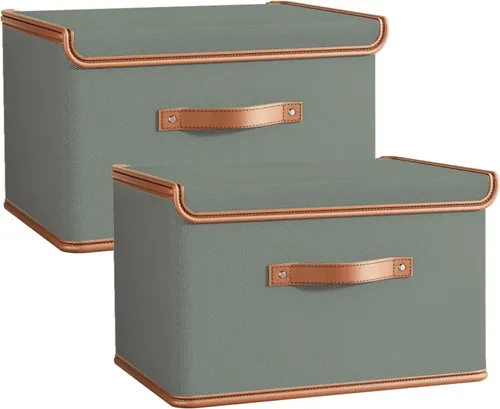 Tuza Paquete de 2 contenedores de almacenamiento con tapas, contenedor organizador plegable de armario, caja organizadora de tela con asas, cajas de
