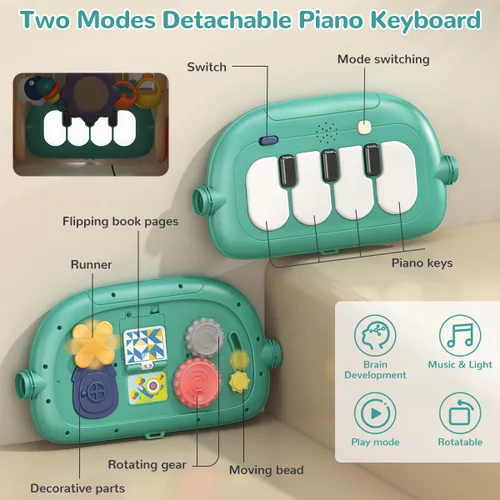 Miniatura 4 de Alfombra de juego 3 en 1 para bebé, piano para patear y jugar, gimnasio con luz musical, tapete de juego de actividad con 5 juguetes sensoriales