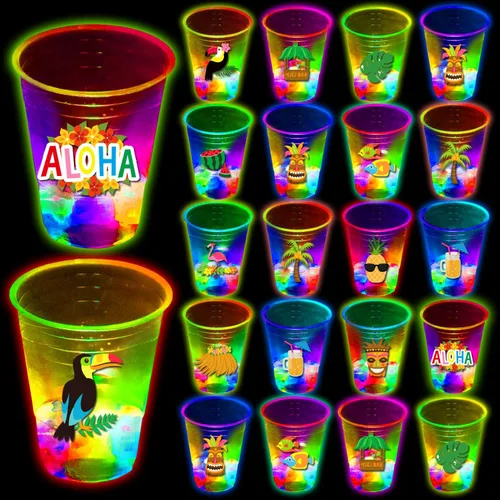 Miniatura 8 de mishunyus 24 tazas de fiesta hawaianas Luau brillantes, tazas de fiesta Tiki intermitentes, decoraciones tropicales para fiestas hawaianas (16 onzas)