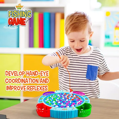 Miniatura 4 de IPIDIPI TOYS Juego de pesca para niños, 45 peces y 8 bastones, juguete magnético de peces con tablero giratorio y música, actividad de habilidad