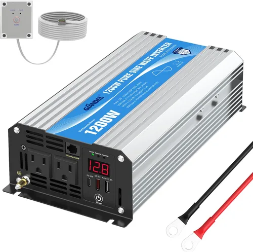 Inversor de corriente de onda sinusoidal pura de 1200 vatios, 12V CC a 120V, batería de litio compatible con fusibles UL y USB-C PD30W y QC 3.0
