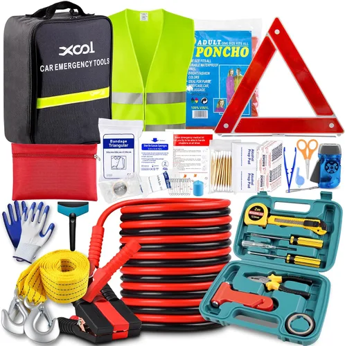 XOOL Kit de emergencia para automóvil con cables de puente, kit de primeros auxilios, correa de remolque y juego de herramientas – Kit de seguridad