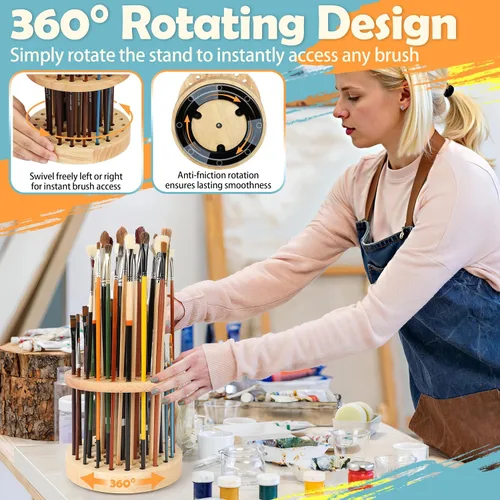 Miniatura 3 de Soporte para pinceles de pintura de 52 agujeros, organizador de pinceles de pintura giratorio de 360°, soporte de almacenamiento de madera dura