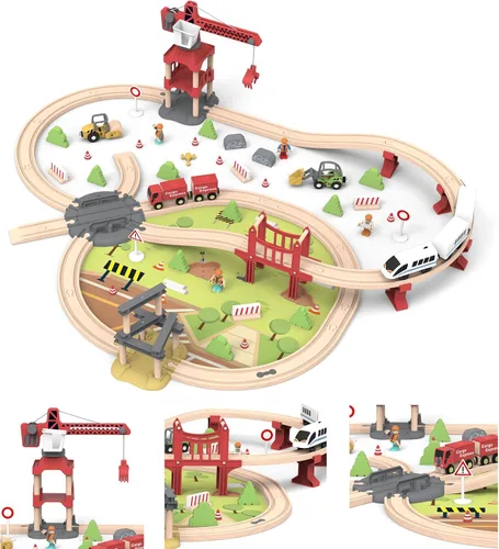 Juego de Tren de Madera de 104 Piezas para Niños Pequeños, Trenes Magnéticos con Vía para Niños de 3 a 6 Años, Compatible con las Principales