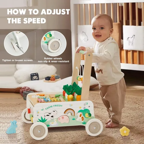 Miniatura 5 de Andador de madera para bebés, caminador de empuje para bebés, caminador de bebé de velocidad ajustable con rueda, centro de actividades para niños