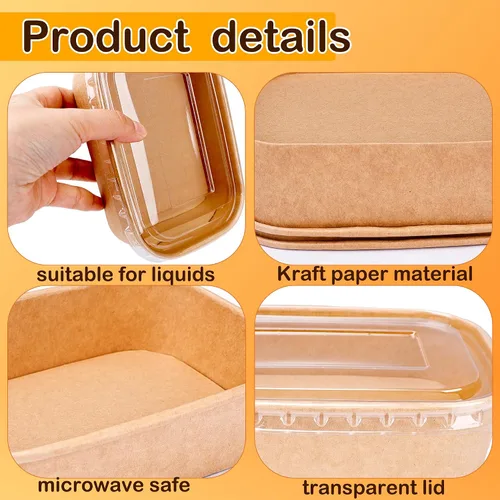 Miniatura 3 de 60 cuencos desechables de papel kraft a granel, rectángulo, extragrueso, a prueba de fugas, recipiente de alimentos con tapa de plástico