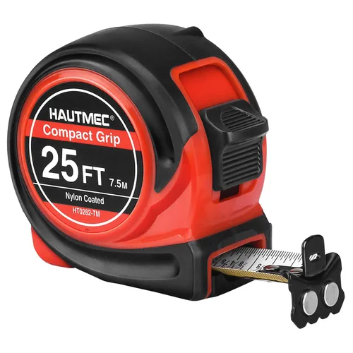 HAUTMEC Cinta métrica de 25 pies con marcas fraccionarias de 1/8 escala métrica/imperial doble con gancho magnético Cinta métrica para construcción,
