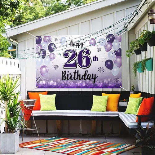 Miniatura 5 de Decoraciones de feliz cumpleaños 26, cartel grande de globo morado 26, suministros para fiesta de cumpleaños de 26 años. 26th