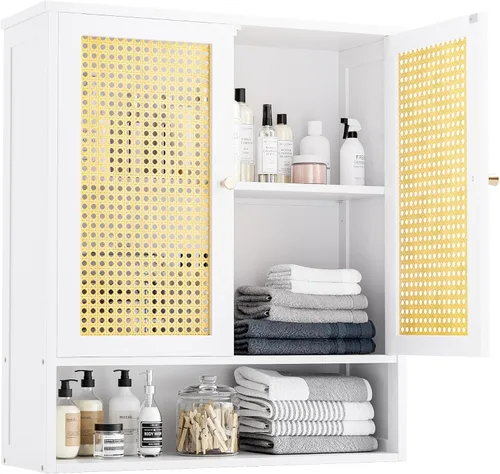 Miniatura 10 de Armario de pared de baño, organizador de almacenamiento de bambú sobre el inodoro con 2 puertas de ratán y estante ajustable, gabinete de medicina