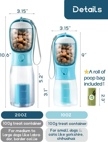 Miniatura 6 de Botella de agua portátil para perros pequeños, dispensador de cuencos de viaje 3 en 1 para mascotas con contenedor de alimentos y soporte para bolsa