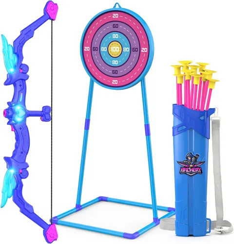 Miniatura 10 de Paquete de 2 conjuntos de arco y flecha para niños, conjunto de tiro con arco con luces con 14 flechas de ventosa, objetivos de tiro con arco