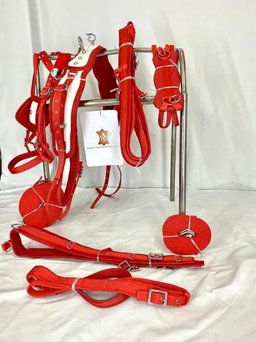 Miniatura 3 de Arnés de conducción de caballo de nailon tachuelas cromadas talladas en silla de montar y brida completo mazorca pony shetland mini