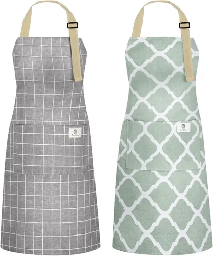 NLUS - 2 paquetes de delantales de cocina, delantal con babero ajustable e impermeable para chef con 2 bolsillos para hombres y mujeres (plaid