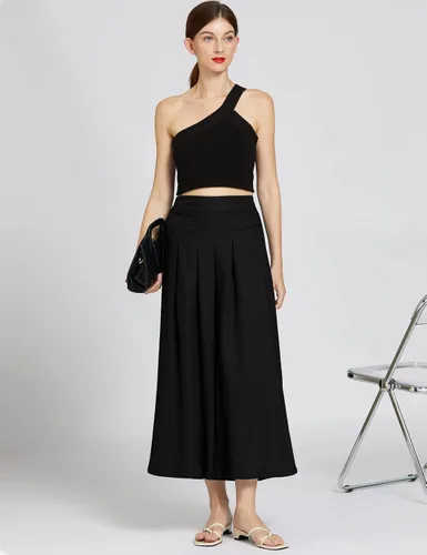 Miniatura 4 de Gihuo - Pantalones de pierna ancha de mezcla de lino para mujer cintura elástica pantalones estilo palazzo casuales con bolsillos