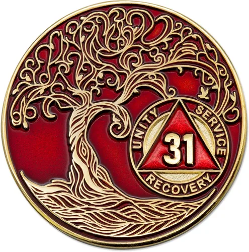 Miniatura 9 de 20 Year Sobriety Mint Twisted Tree of Life - Medallón de recuperación AA chapado en oro, fichas y fichas, color negro