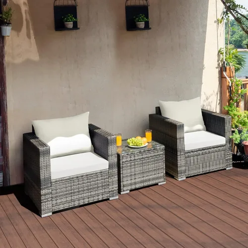 Miniatura 8 de Juego de muebles de patio de 3 piezas para exteriores, juego de conversación de mimbre de ratán con cojín resistente al agua y mesa de vidrio Beige