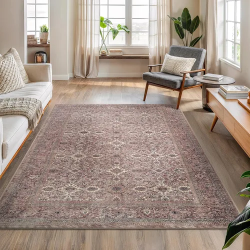 Bloom Rugs - Alfombra lavable, antideslizante, de 1,52 x 2,13 m, color beige con borde tradicional, para sala de estar, dormitorio, comedor y cocina
