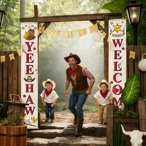 Miniatura 2 de Blulu Decoración de puerta de fiesta de vaquero occidental, decoración temática del salvaje oeste, cartel colgante de porche de bienvenida Yee Haw