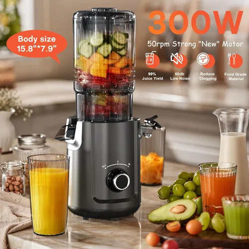 Miniatura 5 de Hobsir Máquinas de exprimir, exprimidores de prensa fría de 5.3 pulgadas, exprimidor masticable de jugo lento con 300W, máquinas de jugo con tolva