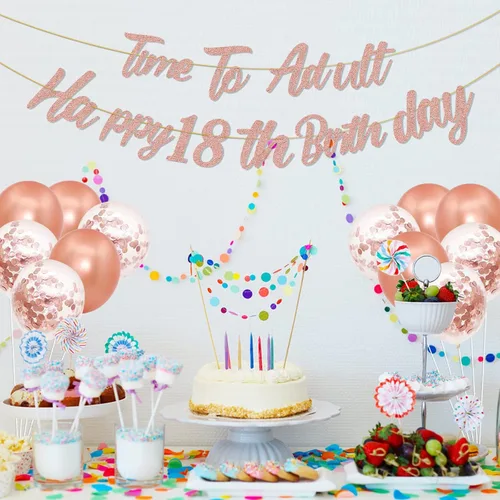 Miniatura 5 de Decoraciones de cumpleaños número 18 de oro rosa para niñas, pancarta de cumpleaños número 18, banda de cumpleaños 18, tiara de 40 pulgadas, número