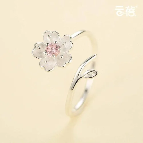 Miniatura 4 de Aretes para mujer, anillo ajustable de plata de ley S925, diseño moderno de flor de cerezo rosa, circonita cúbica, a la moda, ajustable