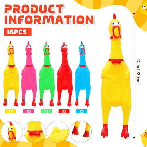 Miniatura 4 de Sratte Paquete de 16 juguetes de pollo chirriantes a granel, juguetes grandes de goma de pollo chirriante para mascotas, regalos para masticar